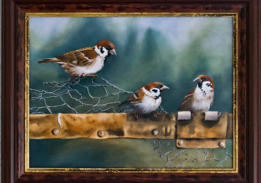 Sparrows on the fence painting by Art Studio Florine