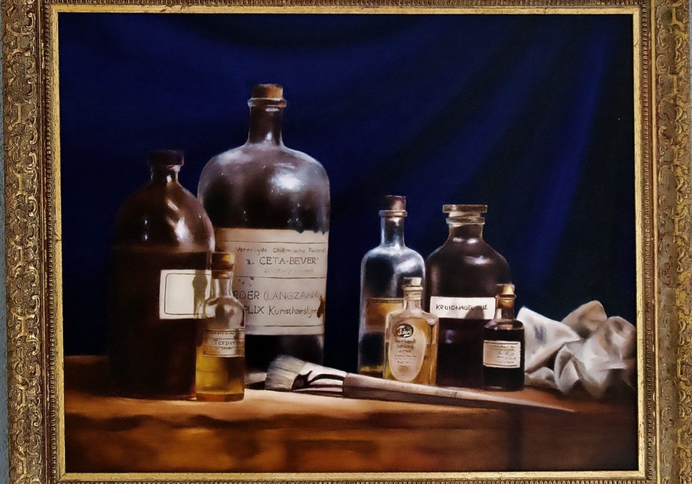 still life of bottles in art studio painting by art studio florine